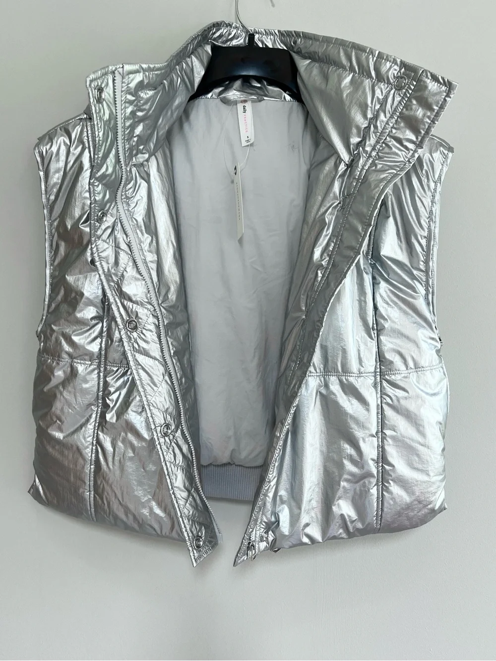 Daily Practice Anthropologie NWT Metallic Silver Hooded Puffer Vest Pockets, S